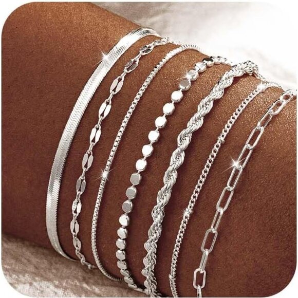 Silver Bracelets for Women Trendy Waterproof Silver Dainty Bracelet Stack Adjust - Picture 1 of 7